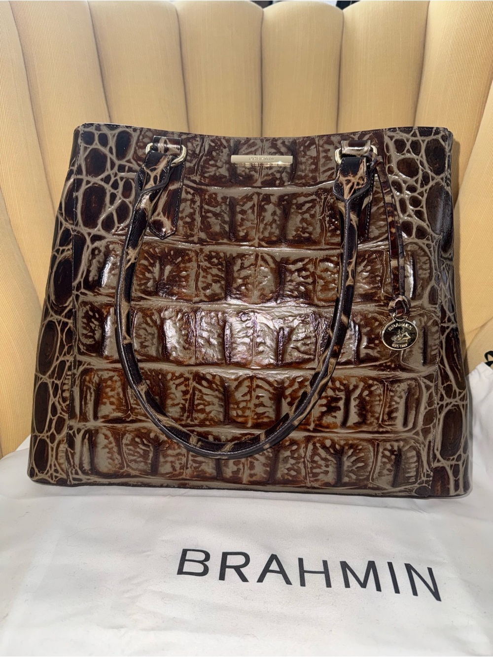 Brahmin Chocolate Brown Croc-Embossed Patent Leather Joan Tote NWT